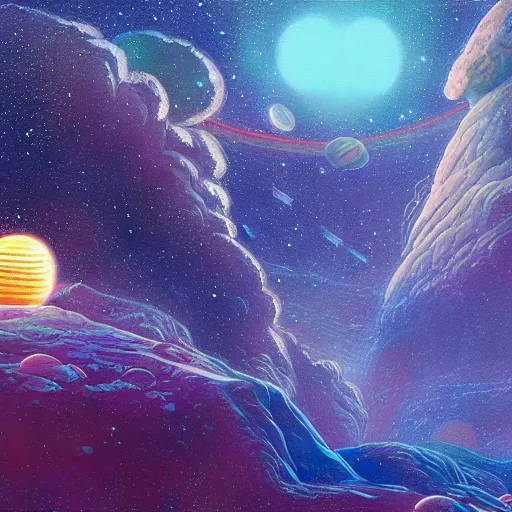 Image similar to space landscape, illustration painting, oil on canvas, intricate, portrait, detailed illustration, hd, digital art, overdetailed art, concept art, complementing colors, detailed, illustration painting by alex gray, digital art, overdetailed art, concept art, complementing colors rendered by beeple, syd meade, cgsociety
