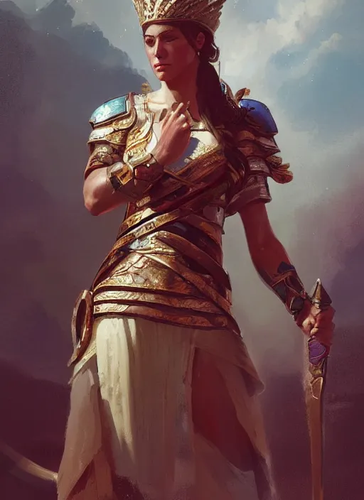 Prompt: A portrait of a beautiful greek warrior queen in the style of Greg Rutkowski, in style of Charles Sillem Lidderdale, artstation, high quality art