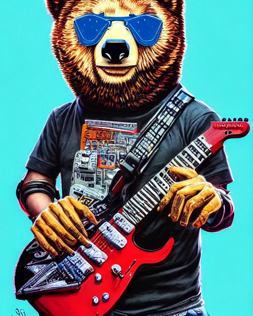 Image similar to a portrait of an anthropomorphic cyberpunk bear shredding an electric guitar by sandra chevrier, by jon foster, detailed render, tape deck, epic composition, cybernetics, 4 k realistic, cryengine, realistic shaded lighting, sharp focus, masterpiece, by enki bilal