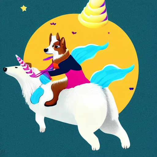 Image similar to vector illustration of a corgi riding a unicorn, detailled vector illustration, digital art, artstation