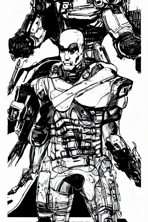 Prompt: senator amstrong from metal gear rising, doing a heroic pose, a page from cyberpunk 2 0 2 0, style of paolo parente, style of mike jackson, adam smasher, johnny silverhand, 1 9 9 0 s comic book style, white background, ink drawing, black and white