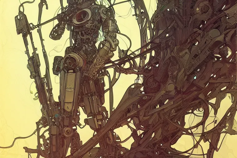 Prompt: comic book illustration, robot soldier stands besides the last living tree in the city, cyberpunk concept art by artgerm and Alphonse Mucha and Moebius, highly detailed, intricate, sci-fi, sharp focus, Trending on Artstation HQ, deviantart