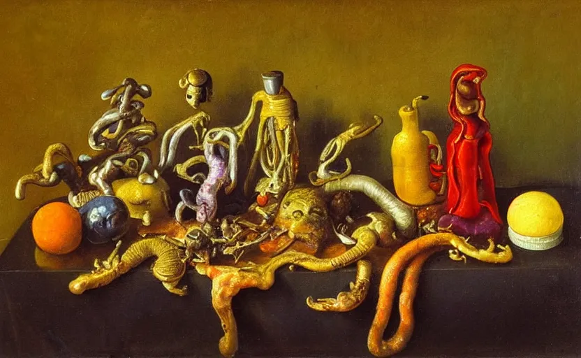 Image similar to disturbing colorful oil painting dutch golden age vanitas still life with bizarre objects strange gooey surfaces shiny metal bizarre insects tongue tendril teeth eyes rachel ruysch dali todd schorr very detailed perfect composition rule of thirds masterpiece canon 5 0 mm, cinematic lighting, photography, retro, film, kodachrome