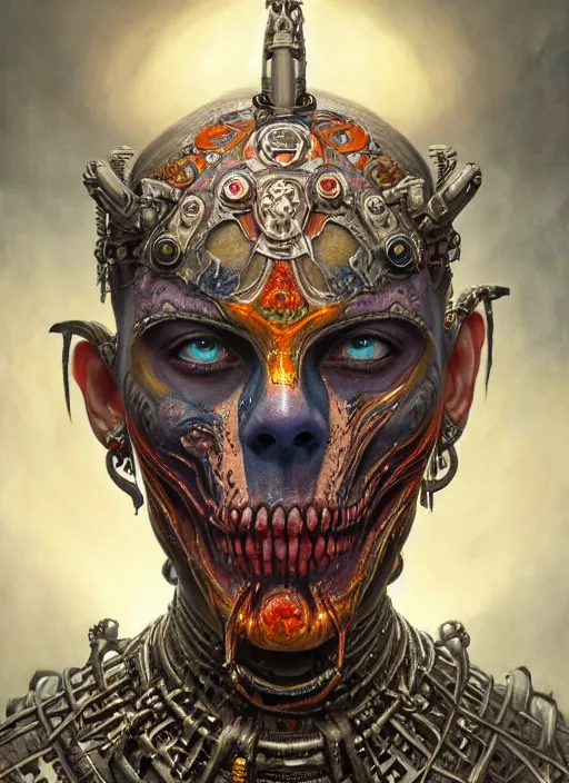 Image similar to hyper detailed masterpiece undead aztec face tattoo warrior by donato giancola and tom bagshaw, face by artgerm and edmund leighton, and h. r. giger, trending on artstation, colorful, psychedelic aesthetic, ornate, background by james jean, 8 k, biomechanical, majestic, volumetric lighting, porcelain skin, concept art, sharp focus