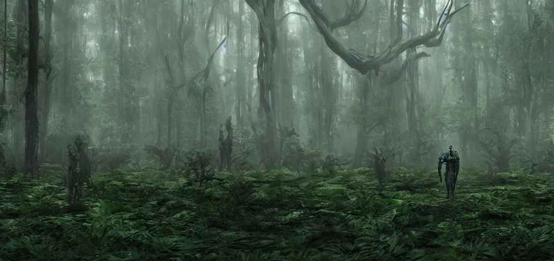 Prompt: a complex organic fractal 3 d metallic symbiotic ceramic humanoid megastructure creature in a swampy lush forest, foggy, sun rays, cinematic shot, isometric, photo still from movie by denis villeneuve, wayne barlowe