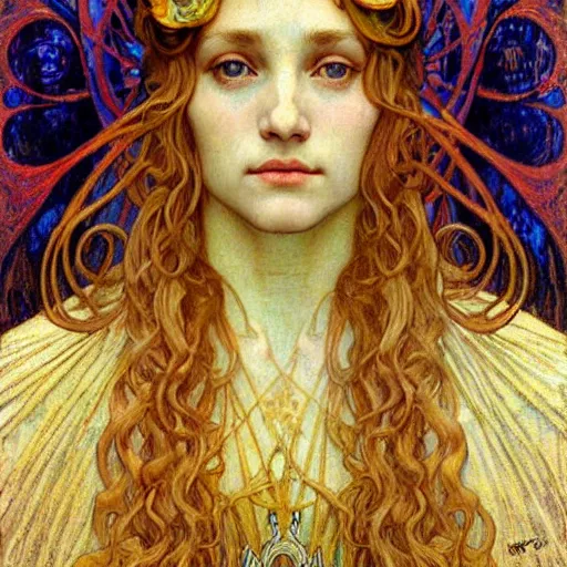Image similar to detailed realistic beautiful young medieval queen face portrait by jean delville, alphonse mucha, vincent van gogh, and marco mazzoni, art nouveau, symbolist, visionary, gothic, pre - raphaelite