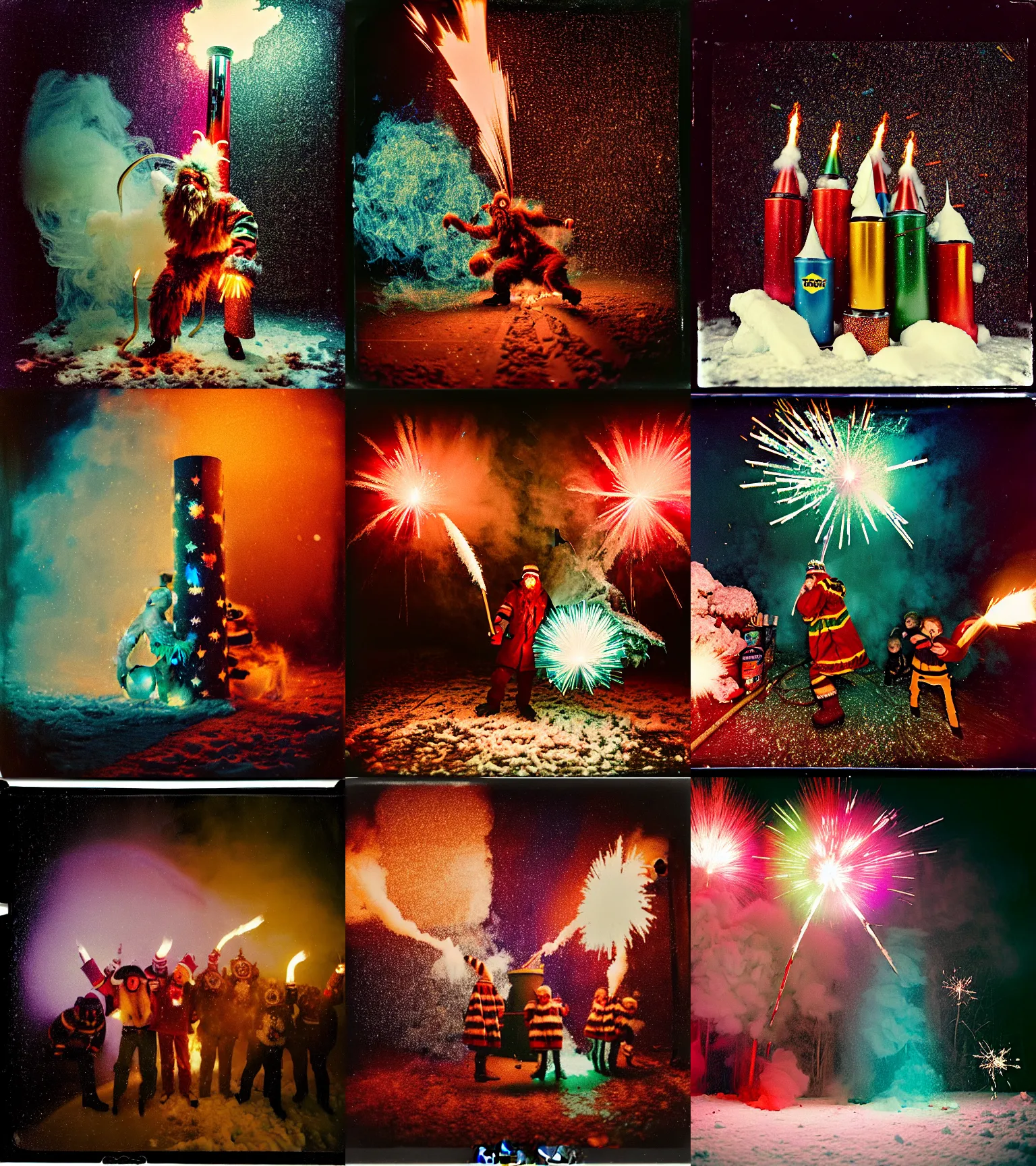 Image similar to kodak portra 4 0 0, wetplate, winter, snowflakes, rainbow coloured rockets, chaos, glitter tornados, award winning dynamic photo of a bunch of hazardous krampus between exploding fire barrels by robert capas, motion blur, in a small pantry at night with colourful pyro fireworks and torches, teal lights