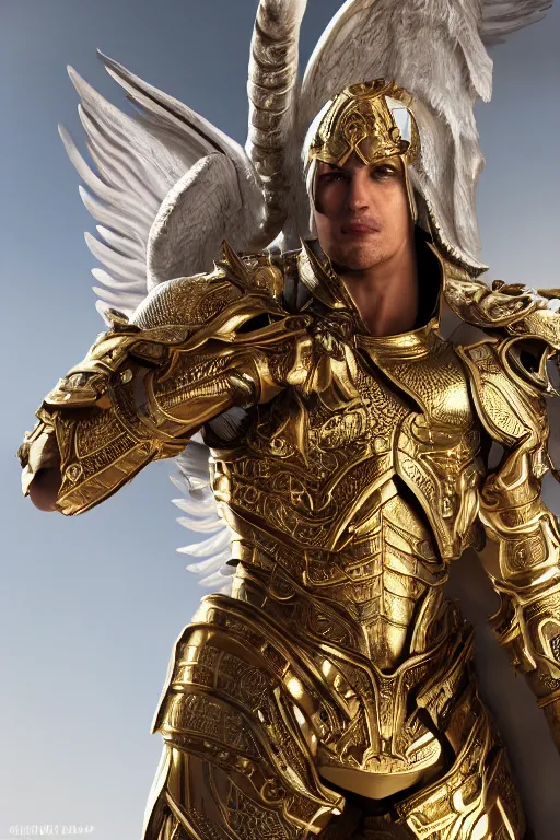 Image similar to a photo of 8k ultra realistic archangel, full body, diablo, intricate white and gold armor, sword, ornate, cinematic lighting, hyperrealistic, focused, high details, unreal engine 5, cinematic, Trending on artstation, artstationHD, artstationHQ, 4k, 8k