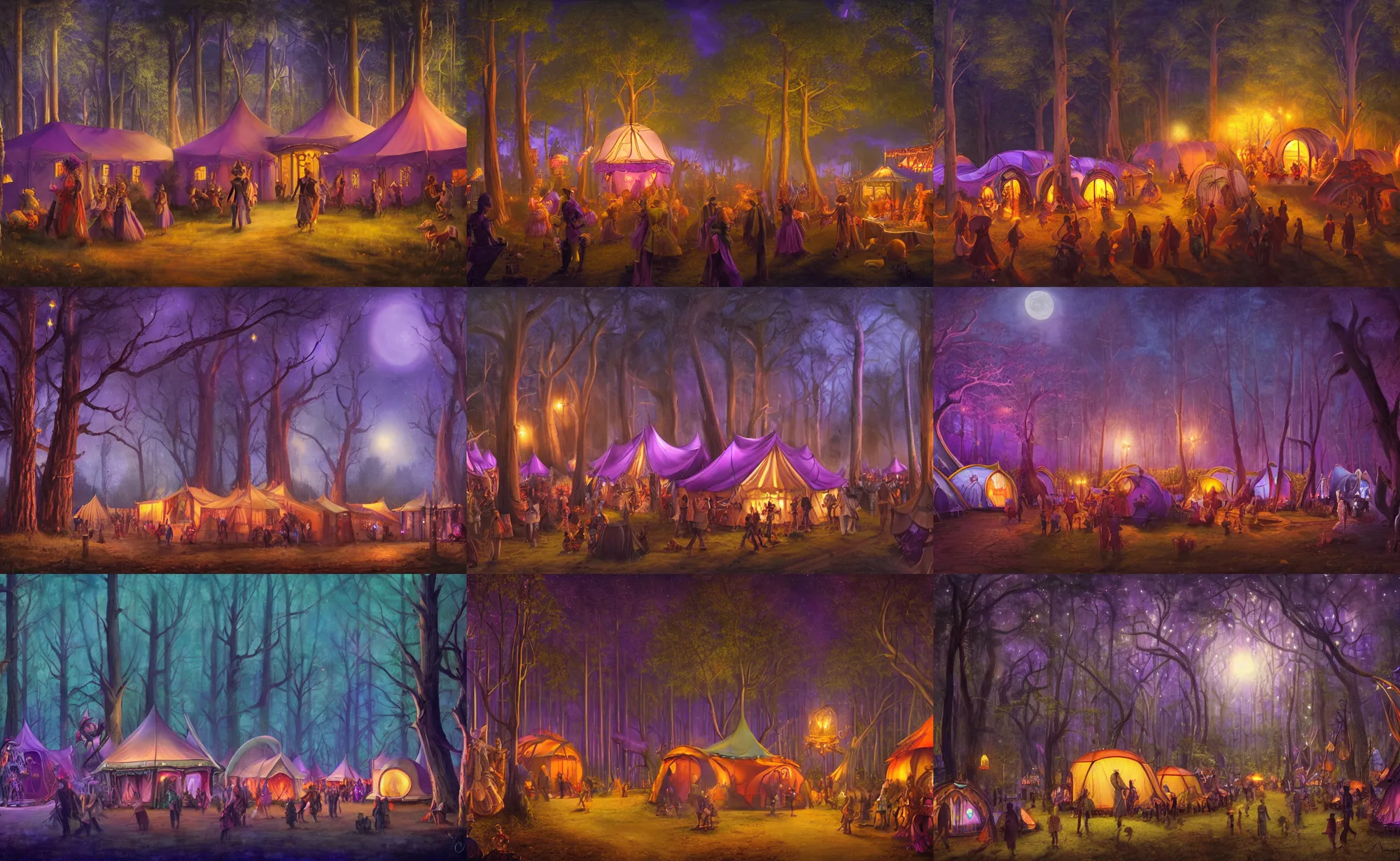 Prompt: huge magical faire in a forest at night with large tents and caravans, purple ambient light, artwork by gerald brom, 4 k, masterpiece