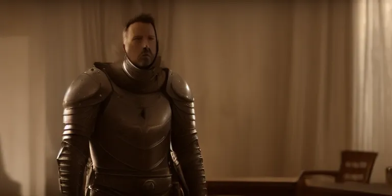 Image similar to still frame from a movie, wide shot of an relieved ben affleck in a 15th century knight suit, centerframe, medieval background, rule of third, alexa 65, cooke prime 25mm, cinematic, film grain, flare