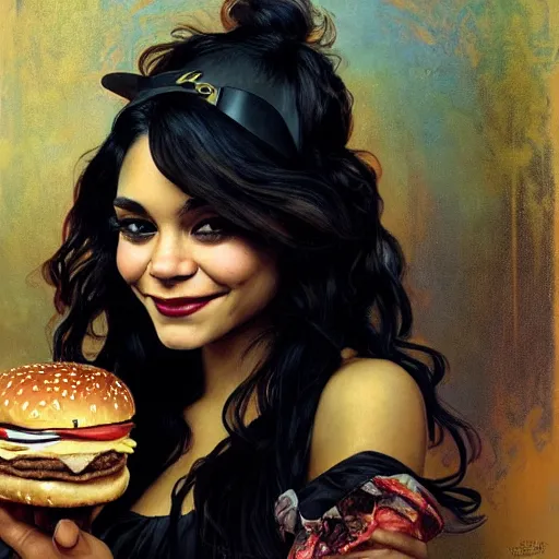 Prompt: beautiful portrait of vanessa hudgens eating a big mac hamburger, smiling, by cedric peyravernay, alphonse mucha, by jeremy mann, by lecouffe deharme, goth chic, soft lightning, eyeliner, punk rock, high detailed, 8 k