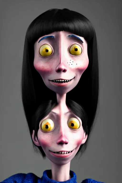 Prompt: a well composed 4k award winning sharp and detailed digital realistic hollywood headshot of Coraline Jones as a human from Coraline (2009), realistic photo