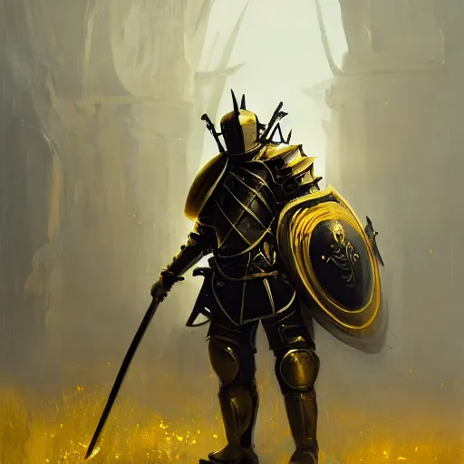 Prompt: anthropomorphic knight warrior in battle wearing black and gold plate armor, oil painting, Tooth Wu, Greg Rutkowski, RPG, dynamic lighting, fantasy art, High contrast, depth of field, landscape, scenery