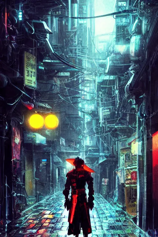 Image similar to a cyberpunk samurai in a raining cobblestone alleyway in tokyo, neon lights, full moon, fog cinematic greg rutkowski anime art jojo's bizarre adventure cowboy bebop