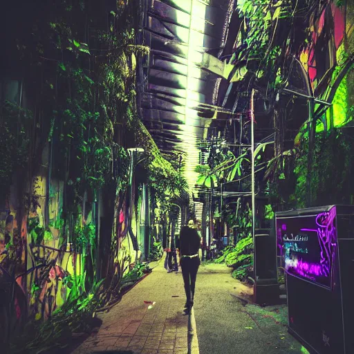 Image similar to overgrown, botanical, cyberpunk city street, neon light, dark, people walking