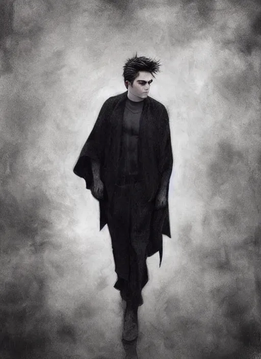 Prompt: well - shaven robert pattinson, black outfit, cape, in the style of tom bagshaw, sandman, misty endless dream cinematic background, netflix sandman