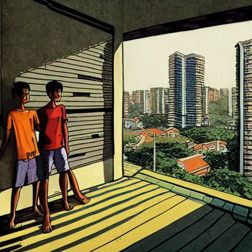 Image similar to art of two singapore students on the roof of a hdb flat, by moebius