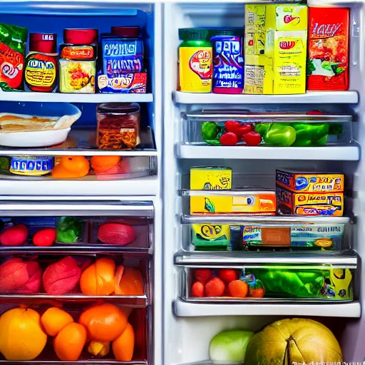 Image similar to fridge full of food, highly detailed, high quality, HD, 4k, 8k, Canon 300mm, professional photographer, 40mp, lifelike, top-rated, award winning, realistic, sharp, no blur, edited, corrected, trending