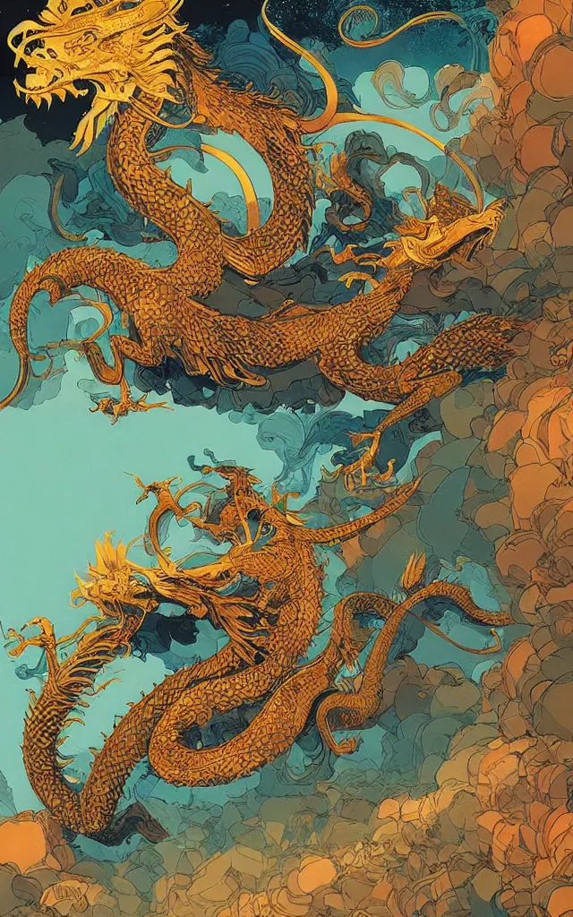 Image similar to the golden dragon ， by victo ngai, andreas rocha, john harris and feng zhu and loish and laurie greasley,