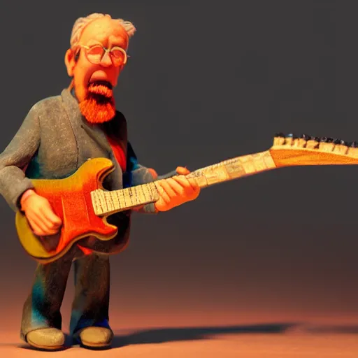 Image similar to Claymation art of a old man playing guitar, 100mm, candle lightning, industrial colours, extremely detailed, 4K