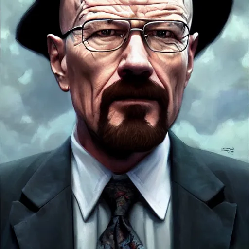 Image similar to walter white in a fancy suit, digital painting, artstation, concept art, donato giancola, Joseph Christian Leyendecker, WLOP, Boris Vallejo, Breathtaking, 8k resolution, extremely detailed, beautiful, establishing shot, artistic, hyperrealistic, beautiful face, octane render, cinematic lighting, dramatic lighting, masterpiece