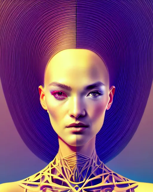 Image similar to ultra detailed, beautiful female android with human hair, side portrait, sharp focus, highly detailed vfx portrait, geometric shapes, global illumination, by moebius!! and james jean and victo ngai and tristan eaton. detailed, vector art, digital illustration, concept art. 8 k, hdr, fractal