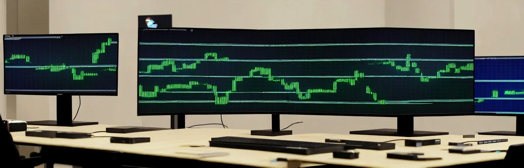 Prompt: a crypto trader is looking at a monitor with eager look, a keyboard, some office accessories and multiple monitors on the table, lots of graphs and charts on the monitor, twitter feed on another monitor, some matrix like wallpaper screensaver on another monitor; very detailed, photorealistic, ultrarealistic, 8K, by John Singer Sargent, Johannes Vermeer; artstation, unreal engine 5