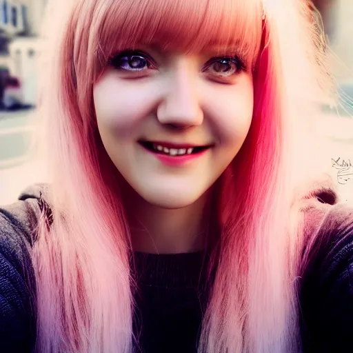 Image similar to beautiful hyperrealism selfie of nikki from shining nikki, a cute 3 d young woman smiling sofly, long light pink hair and full bangs, flushed face, small heart - shaped face, amber eyes, golden hour, 8 k, instagram