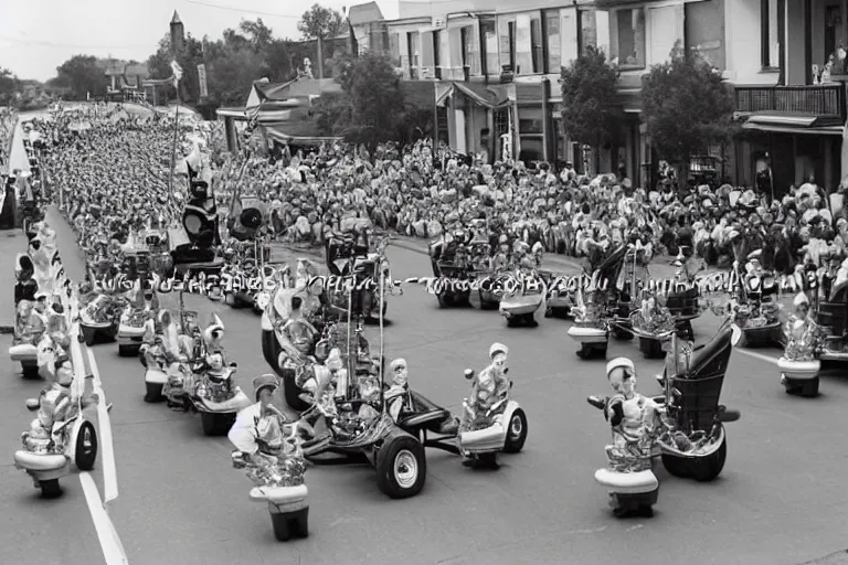 Prompt: a 1955 shriner's parade with people driving hamburger go-carts and a marching band in cat costumes