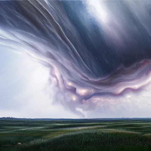 Prompt: a big stormy wormhole opens over a calm field in summer, award-winning, trending on artstation, oil on canvas, masterpiece