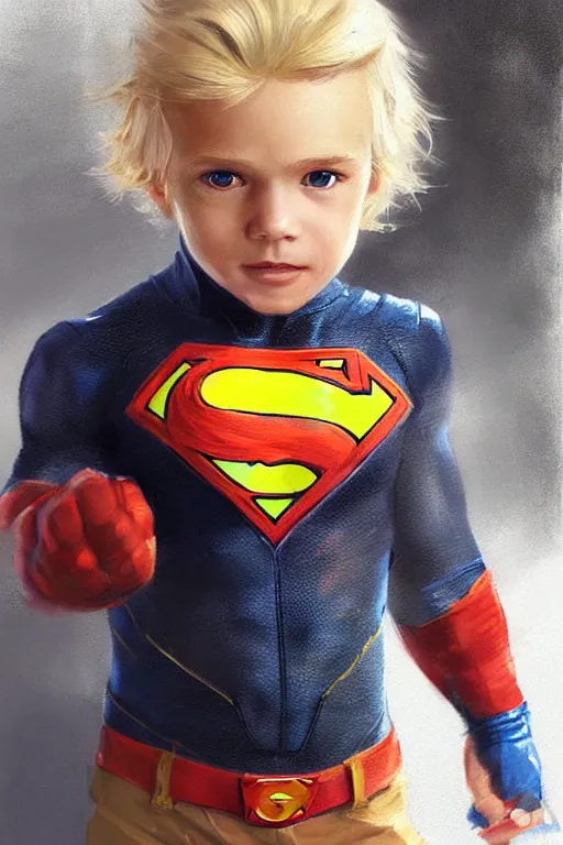 Image similar to a little boy with a michievous face and blonde hair. he is dressed as a superhero. clean elegant painting, beautiful detailed face. by artgerm and greg rutkowski