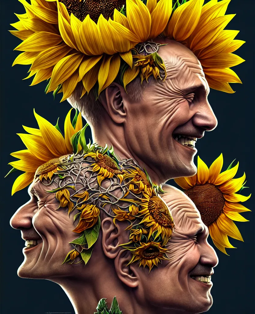 Image similar to digital art, centered full body of Putin smiling king, Sunflower crown, ,intricate, veins, by James Jean and by artgerm , by ross tran ultradetailed, charachter design, concept art, trending on artstation,