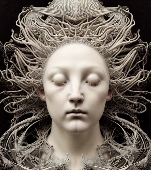 Image similar to detailed realistic beautiful porcelain goddess face portrait by jean delville, gustave dore, iris van herpen and marco mazzoni, art forms of nature by ernst haeckel, art nouveau, symbolist, visionary, gothic, neo - gothic, pre - raphaelite, fractal lace, intricate alien botanicals, biodiversity, surreality, hyperdetailed ultrasharp octane render