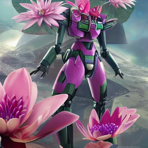 Prompt: futuristic nymphaea themed mecha waterlily upper body, sepals forming helmet, highly detailed, nymphaea, 8 k hd resolution, zeta gundam with floral inlay, bandai box art, star wars, makoto kobayashi, frank gehry, raymond swanland