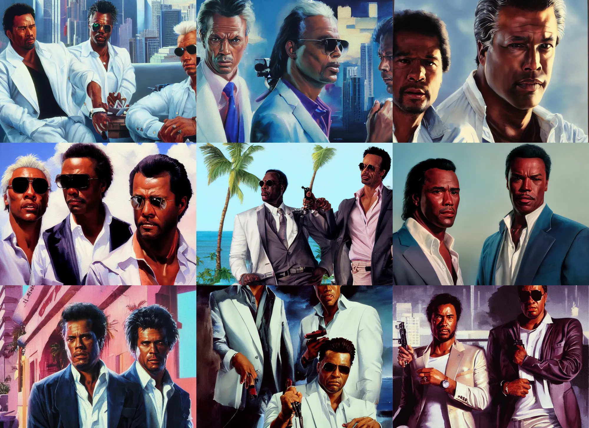 Prompt: a closeup portrait painting of crockett and tubbs in eighties miami vice, ultra realistic, highly detailed faces, true life, 8 k, masterpiece, cinematic, by frank frazetta, greg rutkowski, yoko taro, christian macnevin, beeple, wlop, krenz cushart, epic character art, dramatic lighting, white suit