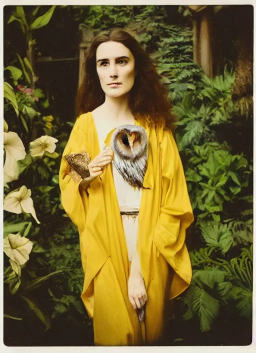 Image similar to Pre - raphaelit grainy head to shoulder portrait Polaroid film photograph of an elegant lovely woman wearing a yellow kimono with a very detailed barn owl on her shoulder!!! in a tropical greenhouse. looking at the camera!!. slight smile. super resolution. Extremely detailed. face like Jennifer Connelly. Polaroid 600 film.