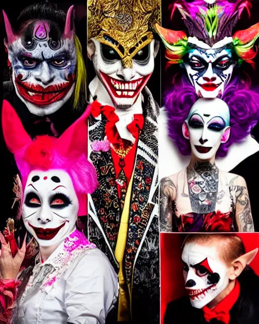 Image similar to barong family, wiwek, joker makeup, burlesky, mask, mara demon, rich deep vivid colors