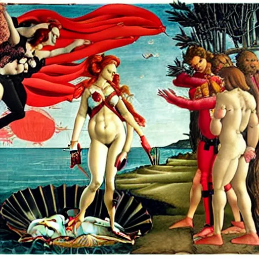 Prompt: Deadpool as the Venus in The Birth of Venus by Sandro Botticelli