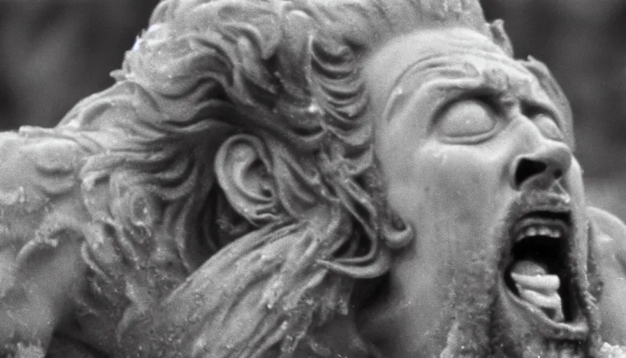 Image similar to 1 9 6 0 s movie still close up of marcus aurelius screaming frozen to death in a river with gravel, pine forests, cinestill 8 0 0 t 3 5 mm b & w, high quality, heavy grain, high detail, texture, dramatic light, anamorphic, hyperrealistic, detailed hair foggy