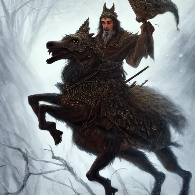 Image similar to young tsarevitch ivan riding on big grey wolf, slavic folk fairytale, story, fable, dramatic, fantasy art, an ultrafine detailed painting, academic art, ornate, inticate, elegant, sharp focus, artstation, by pavel korin, viktor vasnetsov