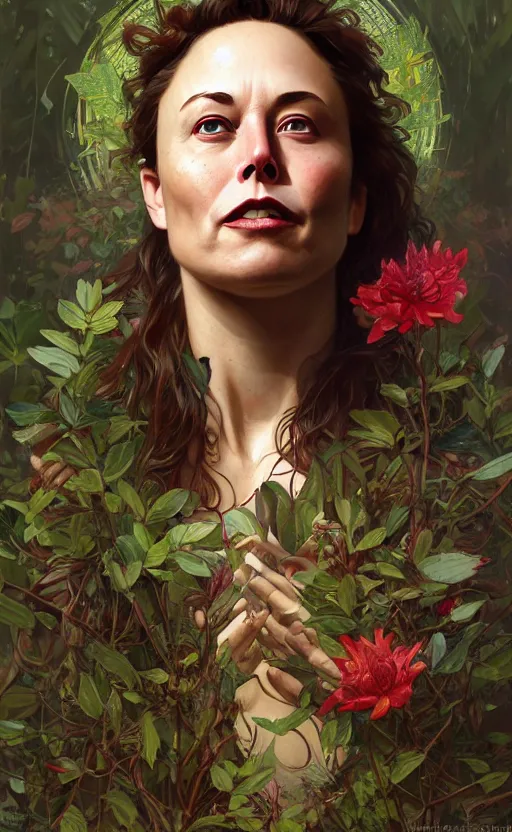 Prompt: elon musk god of the forest, 3 0 years old, rugged, female, gorgeous, detailed face, amazing, thighs, flowers, muscular, intricate, highly detailed, digital painting, artstation, concept art, sharp focus, illustration, art by greg rutkowski and alphonse mucha