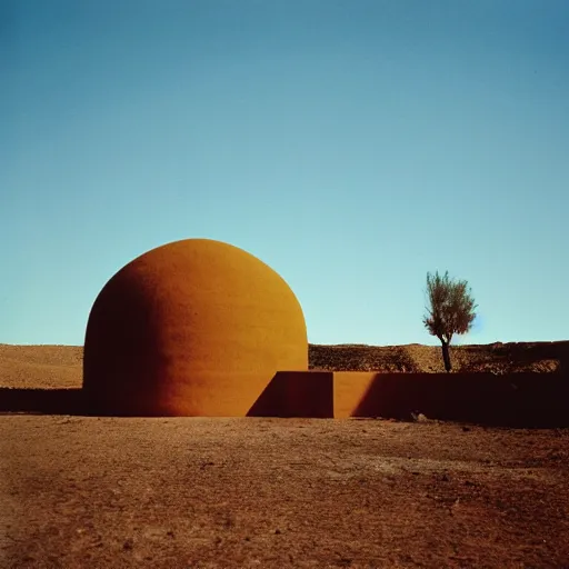 Image similar to a man standing outside a Non-Euclidean orb-like clay house sitting in the desert, vintage photo, beautiful cinematography, blue sky, film grain, James Turrell