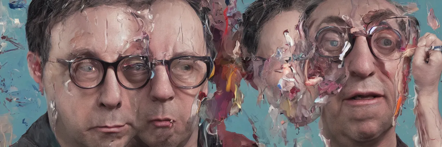 Prompt: colorful oil painting of character faces, realistic john zorn turning into todd solondz, melting, glasses, disturbed, character sheet, fine details, concept design, contrast, kim jung gi, greg rutkowski and da vinci, 8 k, emotional, face turnaround 3 6 0, front view, back view, side view, ultra wide angle