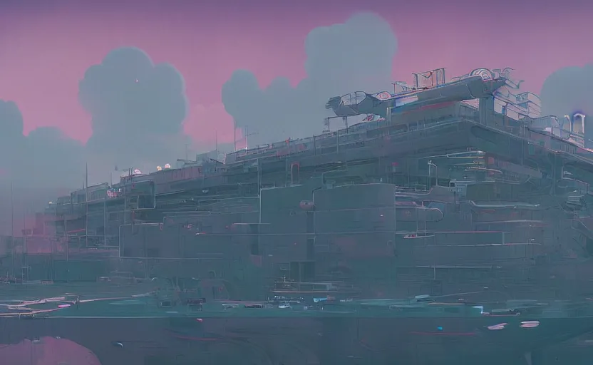 Image similar to ship building factory in clouds, moebius, james gilleard, print, game art