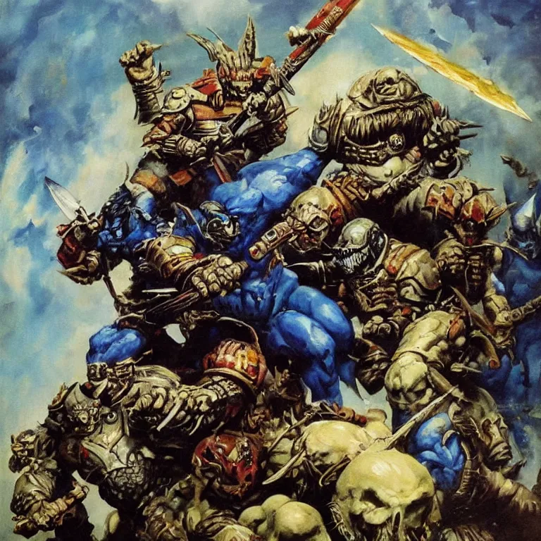 Prompt: a beautiful painting in the style of frank frazetta of a warhammer 4 0, 0 0 0 ultramarine holding a chainsword on top of a pile of dead ork greenskins