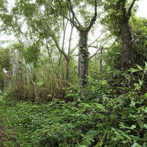 Prompt: a long abandoned city overgrown with vegetation