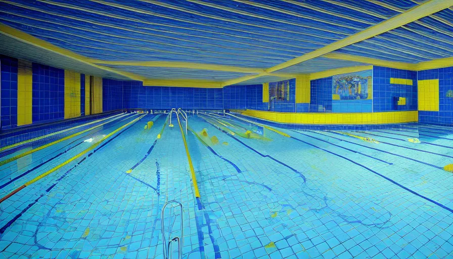 Prompt: 1 9 6 0 s movie still of an empty blue and yellow tiles municipal swimmingpool, high quality, high detail, liminal space style