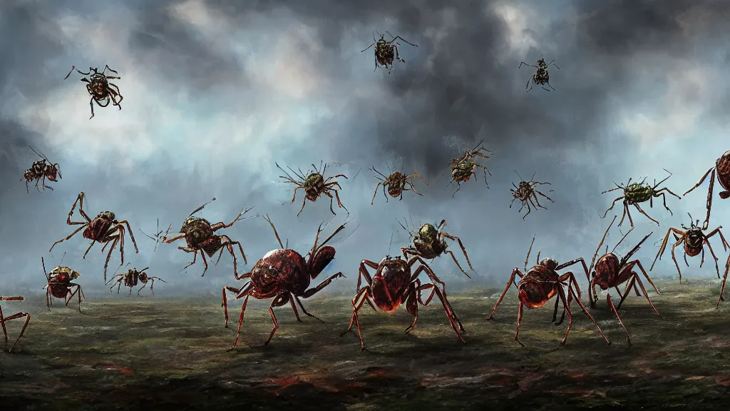 Image similar to cinematic painting of an army of giant bugs