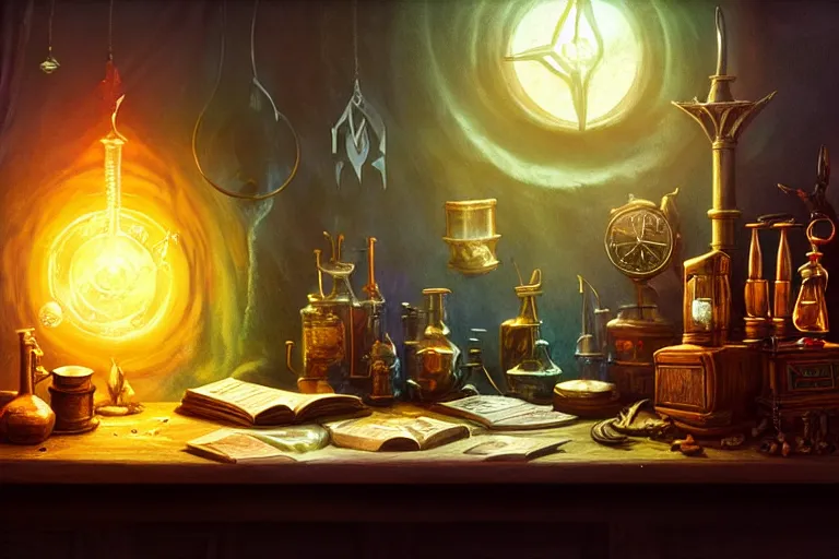 Prompt: cluttered, wood table, spell book, wizards laboratory, tony sart, window, mortar, pestle, glowing powder, compass, alembic, streams of flowing light, beakers of colored liquid, greg rutkowski