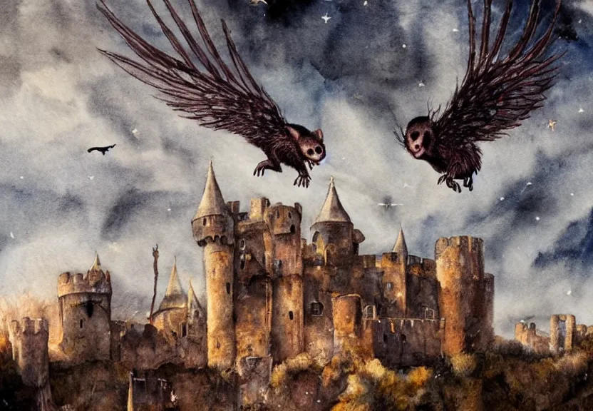 Image similar to Threatening winged possum flying over a medieval castle under a dark starred sky, dark fantasy, watercolor, dreaming illusion, highly detailed, 4k, trending on Artstation, award-winning